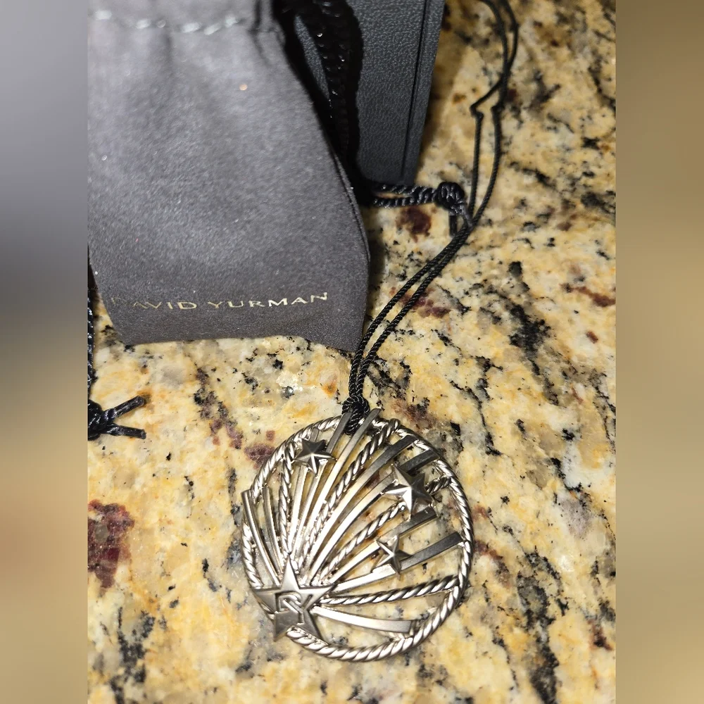 David Yurman Silver Rope Pendant with Black Cord & Gift box and bag